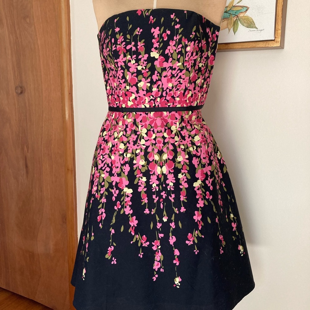 Black with pink flowers strapless dress.